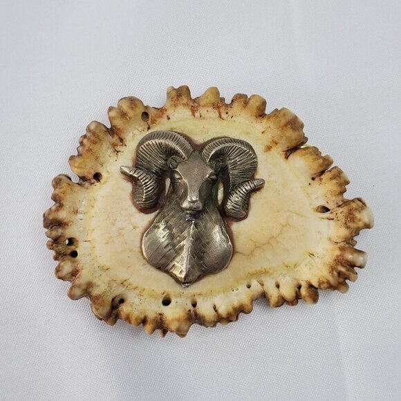 VTG Elk Antler Belt Buckle With Pewter Ram Big Horn Sheep Head Design 4x3 inches - Picture 3 of 8